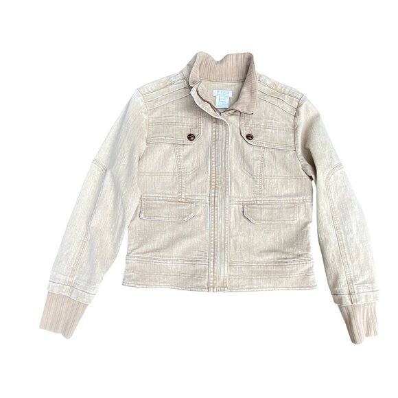 DJ Washed Denim Bomber Jacket Tan Utility Distressed Aviator Pilot Y2K 90s-M - Picture 8 of 16
